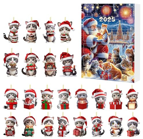 Katzen Adventskalender 2025, Weihnachten Adventskalender 2025, 24 Tage Weihnachten Countdown mit 2D Flach Hängende Katze Dekor, Geschenk für Katzenliebhaber