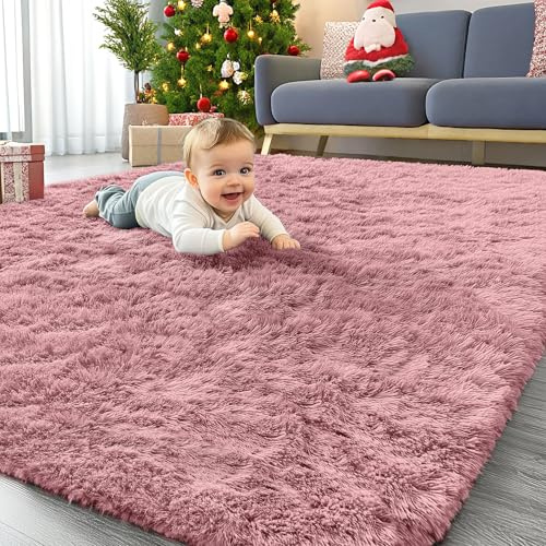 Homaxy Hochflor Waschbar Groß Teppich Wohnzimmer 300 x 400 cm, Rosa | Anti-Rutsch Unterseite Teppiche, Flauschig Teppich fürs Kinderzimmer, Schlafzimmer