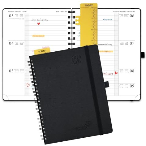 POPRUN Kalender 2026 2027 Spiralbuch Wochenplaner ca.A5(21,8 x 16,4cm) | 17-Monate-Terminplaner,(Aug.2026-Dez.2027),Horizontale mit Softcover,Wochenplaner 1 Woche 2 Seite(Schwarz)