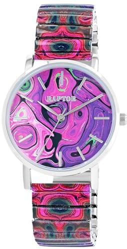 Raptor Ausgefallene Damenuhr Bunt Grün Regenbogen | Armbanduhr Damen außergewöhnlich mit Zugarmband | Besondere Damenarmbanduhr – Modische Uhr Frauen Senioren