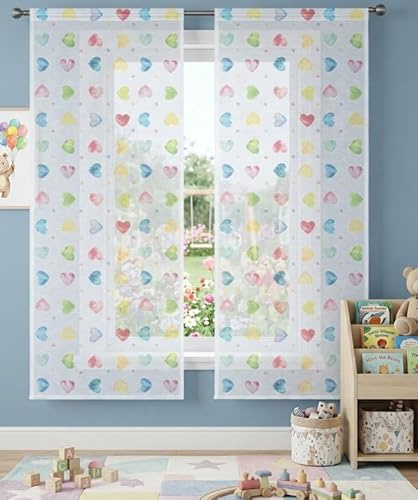Tata Home Coppia Tende per Interni a Vetro Finestra Semitrasparenti Bianche Tendine Cameretta Bambini con Cuoricini Arcobaleno Misura 60x240 Mod. Giorgia B4