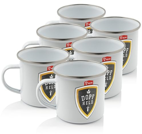BBQ-Toro Emaille Tasse Dopfheld (6 Stück) | 350 ml - weiß | Emaillebecher mit Edelstahl Trinkrand | Emaille Becher, Camping Kaffeebecher Metall, Outdoor Tasse | Camping Zubehör