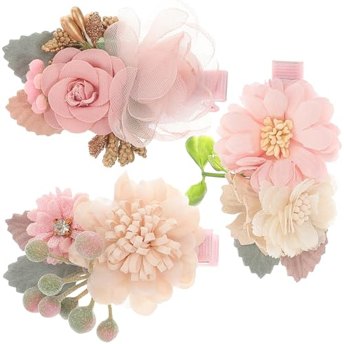 SWETRACE 3 Stück Haarspangen für Mädchen mit Blumen und Kunstperlen aus Stoff und Metall Modisch und Süß Geeignet für Festival und Shower Haarschmuck