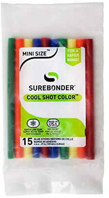 Surebonder Cool Shot Color Mini Hot Glue Sticks for Ultra Low-Temperature Glue Guns, Mini Size 4 - 15 Pack, 3 Count of Each Color - Red, Orange, Yellow, Green, Blue