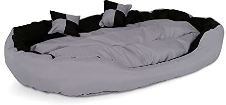 lionto Hundebett 4-in-1 mit Wendekissen aus robustem Oxford, 85x70 cm, Heimtierkissen Kratzfest mit tiefem Einstieg für Katzen und Hunde Aller Größen, inkl. Zierkissen, wasserabweisend, grau/schwarz
