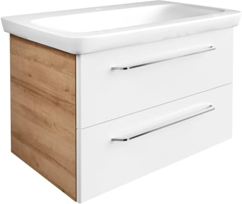 FACKELMANN Milano Waschbeckenunterschrank mit Schubladen – Unterschrank für Waschtisch im Bad (80 cm x 49,5 cm x 48 cm) – Badschrank hängend in Weiß mit Holz braun