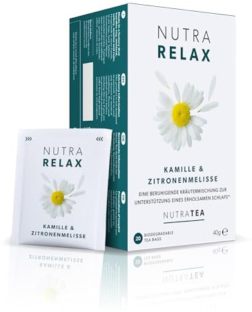 Nutra Tea NUTRARELAX, Schlaftee fördert den Einschlafvorgang, Entspannungs Tee für ein geistiges & körperliches Wohlbefinden, 60 wiederverwendbare Teebeutel, Nerventee mit Kamille & Zitronenmelisse