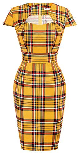 GRACE KARIN Robe Vintage à Manches Courtes pour Femme, Jaune/Carreaux, L