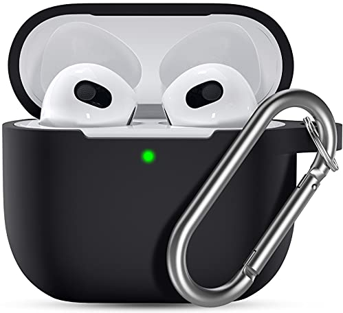 Ouwegaga Kompatibel mit AirPods 3 Generation Hülle 2021 - Silikon Schutzhülle für AirPods 3, Silikonhülle Haut Case Hülle für AirPods 3 Generation, Mit Karabiner - Schwarz