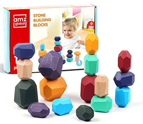 amzglobal Holzbausteine Montessori, Stapelsteine aus Holz, Feinmotorik Holzspielzeug, fördert die Kreativität, 16 Stück, unterschiedliche Größen und Formen, abgerundete Ecken und Kanten