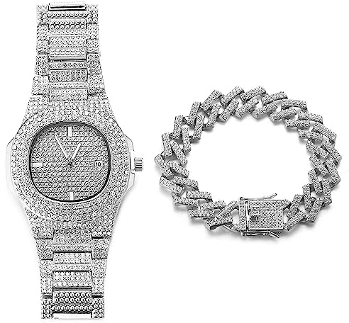 Halukakah Ovales Zifferblatt Diamant Golduhr Iced Out, Männer Platin Weißgold Plattiert Quarz Armband 24cm, mit Kubanische-Kette Armband 20cm, mit Geschenkbox
