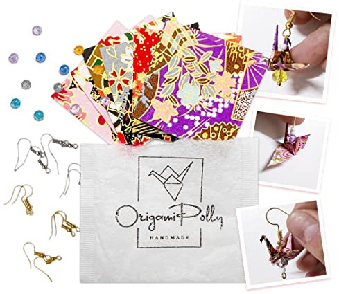Origami-Kranich-Ohrring-Set, handgefertigtes Papierkranich-Ohrring-Set, 10-teiliges Washi-Papier, zufällige Muster, Perlen, Haken, alle Zubehörteile enthalten – Damenschmuck