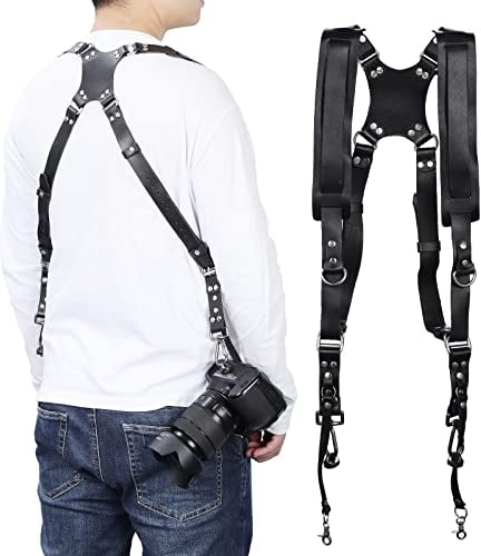 KEESIN Camera Strap Accessories for Two Cameras, Adjustable Leather Camera Strap, Dual Shoulder Leather Harness Camera Accessories for DSLR/SLR(Black)