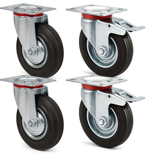 Wiltec Transportrollen Set 200mm 2x Doppelstopp-Lenkrolle und 2x Lenkrolle mit Vollgummirad, 150kg pro Rad