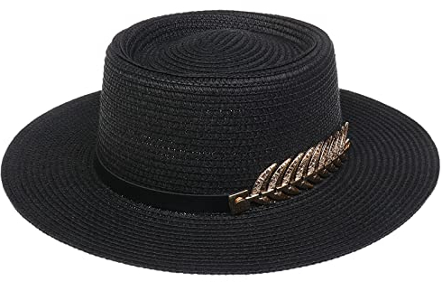 JK Home Femme Chapeau de Paille Panama Large Bord avec Boucle Capeline Eté Anniversaire Camping Plage Noir