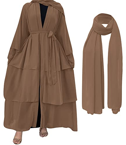 OBEEII Damen Muslim Roben Einfarbig Lose Muslimisches Kleid mit Hijab Islamische Lange Gebetskleidung mit Ausgestellten Ärmeln Türkische Robe Strickjacke für Ethnische Braut Party Braun S