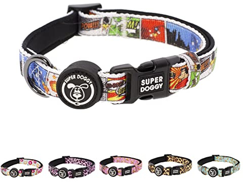 SUPER DOGGY Collar Perro Pequeño, Mediano y Grande - Collar Nylon Ajustable y Acolchado con Diseños de Moda - para Paseo, Entrenamiento y Correr - Ligero y Resistente (Cómic, M (33-55cm))