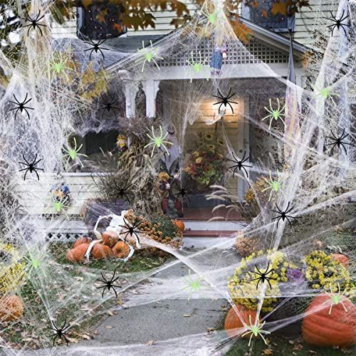 Hillylolly Spinnennetz Deko 140g Halloween Spinnennetz Halloween Outdoor mit 40 Halloween Spinnen, Spinnenweben Halloween, Horror Halloween Deko für Häuser, Tür, Treppen, Kamine, Gärten