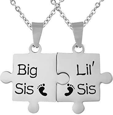 Hanessa 2 Stück Personalisierte Ketten mit Gravur Edelstahl 45-60 cm Puzzle Big Sis und Lil´ Sis in silber - Personalisierte Halsketten für Frauen - Personalisierter Schmuck Damen Geschwister