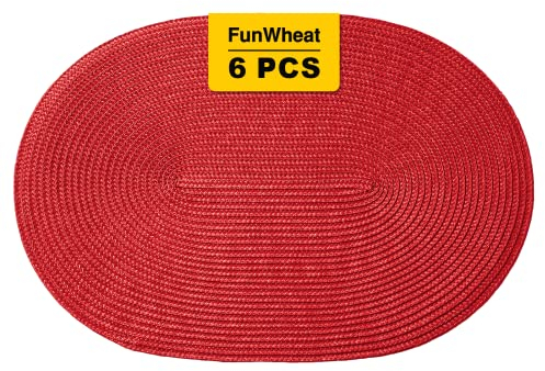 FunWheat Ovale geflochtene Platzsets, Set mit 6 Tischsets für Esstische, gewebt, waschbar, rutschfest, glänzend, 30,5 x 45,7 cm, Tischmatten für Osterdekoration (oval, rot, 6 Stück)