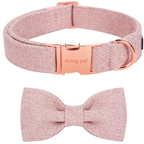 ARING PET Bowtie Dog Collar, Cotton Pink Dog Collar with Bow, Fancy Wedding Girl Dog Collars Gifts with Metal Buckle for Small Medium Large Dogs