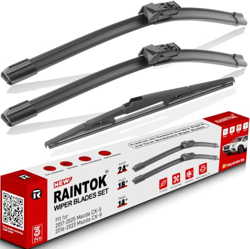 RAINTOK Windshield Wiper Blades Replacement for Mazda CX-5 CX-9 2017 2018 2019 2020 2021 2022 2023 CX5 CX9 Original Factory Quality Front Rear Wipers Blade Set for My Car - 24 18 14 (Pack of 3)