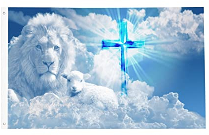 Flagge mit Motiv, Jesus, Löwe, Ziege, Kreuz, Glaube, für den Innen- und Außenbereich, Garten, Hof, Banner, Dekoration, 90 x 152 cm