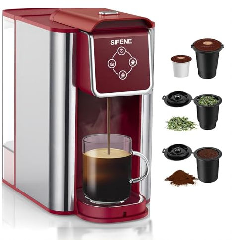 SIFENE single serve coffee machine 3-in-1 pod coffee maker for k-pod capsule ground and leaf tea with 6-10oz cup size 50oz removable water reservoir red