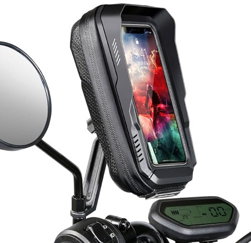 BKNOOU Supporto per telefono cellulare da moto, impermeabile, rotazione a 360°, anti-vibrazione, copertura antipioggia, specchietto retrovisore per smartphone da 4,5 a 6,9