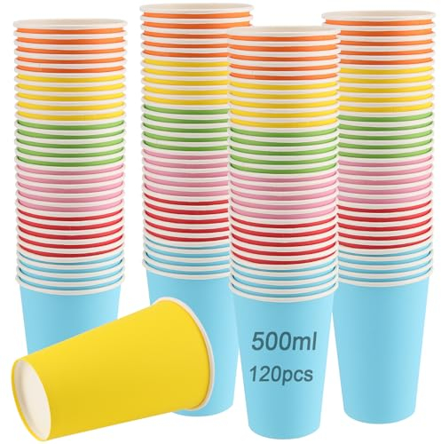 ZOENHOU 120Pcs Multicolor Paper Party Cups, 500ml Coloured Paper Cups, Paper Drinking Cups for DIY Projects, Parties, Weddings and Events, 6 Colours