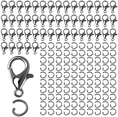 50 Stück Kettenverschluss,Armband Verschluss,Verschlüsse für Armbänder,Ketten Verschlüsse,Verschluss Kette,Schmuck Verschlüsse,Schmuckverschlüsse,mit 100 Biegeringe,für Schmuckherstellung,Grauschwarz