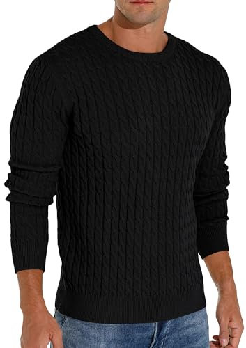 Hisir Suéter de punto trenzado de invierno para hombre, casual, cuello redondo, cálido, manga larga, suéter para hombre, 01 Negro, S