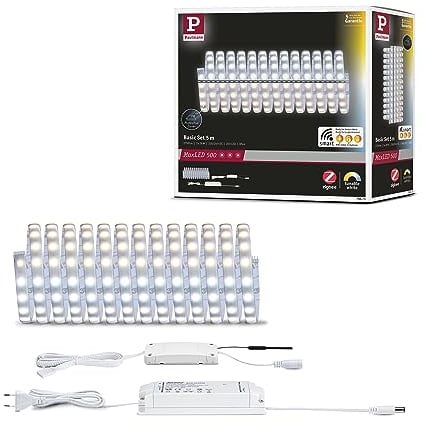 Paulmann 78873 LED Stripe MaxLED 500 Basisset Smart Home Zigbee Tunable White 5m IP44 26W 230/24V 2750lm Silber LED Lichtband spritzwassergeschützt
