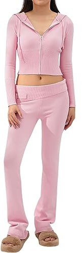 GETERUUV Zweiteiler Damen Y2K Hosenanzug 2 Teiler Hose und Pullover Strick Reißverschluss Up Crop Hoodie Vintage Sweatshirt mit Kapuze