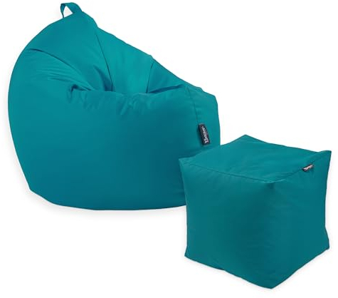 Premium 2-in-1 Sitzsack mit Füllung | Fußhocker | für Kinder & Erwachsene | Outdoor & Indoor | Sitzkissen | Bodenkissen | Wasser- & schmutzabweisend + Sitzpouf 35x35x35cm (Petrol, 125 CM + Sitzspouf)