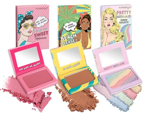 Misslyn Set mit 3 Make-up-Paletten für Damen, mit Spiegel, Rouge, Volumenpuder, feuchtigkeitsspendend