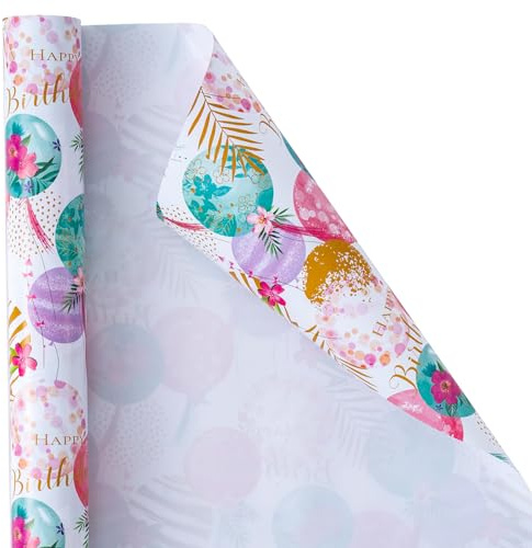 Holijolly Geburtstag Geschenkpapier Rolle - Floral Ballon Design für Mädchen, Frauen, Weiblich - 43,2 CM × 10 M (46.45 sq.ft.)