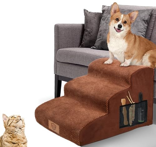 MASTERTOP Scale per Cani a 3 Gradini in Spugna ad Alta Densità 30D, Scala Antiscivolo per Animali Domestici, Scaletta Inclinate Cuccioli per Divano Letto con Fodera Rimovibile e Lavabile (Marrone)