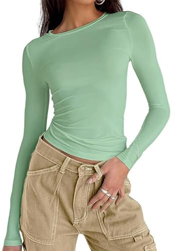 OYIGELZ Langarmshirt Damen Klassischer Basic T-Shirt Crop Tops Y2K Slim Fit Oberteile Sweatshirt Casual Rundhals Tee Shirt(Hellgrün,XS)