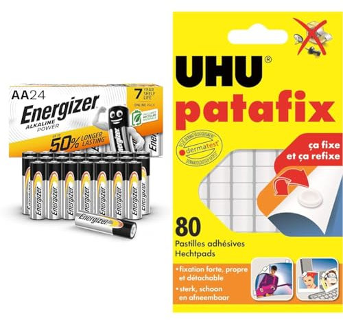 Energizer Piles AA, Alkaline Power, Lot de 24, Pile alcaline & UHU Patafix Blanche - pastilles adhésives prédécoupées, pâte à Fixer, repositionnables, Blanche, 80 pastilles