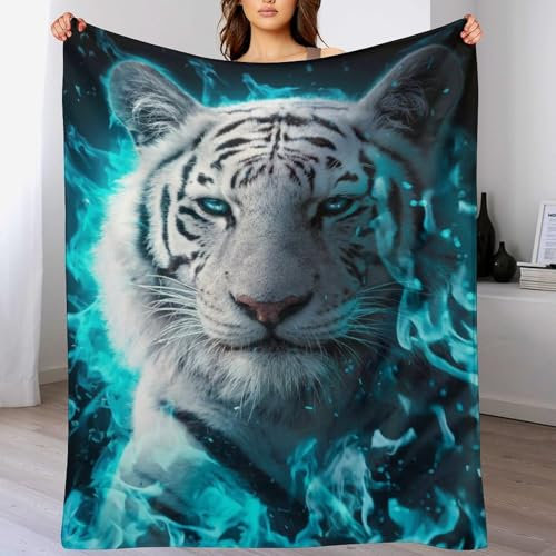 weißer Tiger Decke Flannel Decke Warm Wohndecke Weiche & Flauschige Fleecedecke Als Sofaüberwurf Sofadecke Couchdecke Tagesdecke Für Bett&Sofa (140×180cm)
