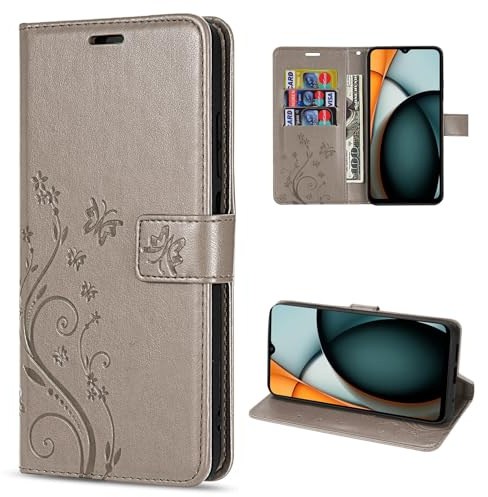 betterfon Hülle Kompatibel mit Xiaomi Redmi A3 | Premium PU Leder Handyhülle Wallet Case für Redmi A3 | Schutzhülle Blumen Klapphülle Handyhülle | Grau