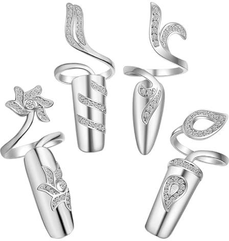 AYVRUOP AYV Fingernagelring,4 Stück Fingerdekoration,Nagel Ring,Nagelringe,Ringnägel für Frauen,Fingernagel-Schmuck-Dekorationen für Partys,Hochzeiten,Silber,Verstellbare