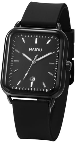Silverora Damenuhren Herrenuhren Silikon Rechteckige: Datum Kalender Analoge Quarz Uhren Damen Herren Eckige Jelly Silikonarmband Sportuhr mit Balkenskala Geschenke für Frauen Männer schwarz