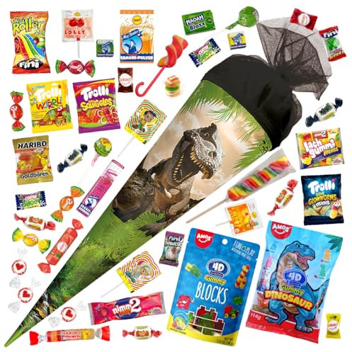 OYOY 50cm Schultüte gefüllt mit Süßigkeiten Mix I ROTH Dino Schultüte I Einschulung Geschenk I Schultüte fertig gefüllt I Schultüte mittel