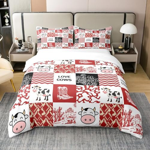 Homemissing Juego de ropa de cama con diseño de vaca lechera de dibujos animados, color rojo y blanco, funda de edredón 100 % algodón, transpirable, funda de edredón (sin edredón), tamaño Super King
