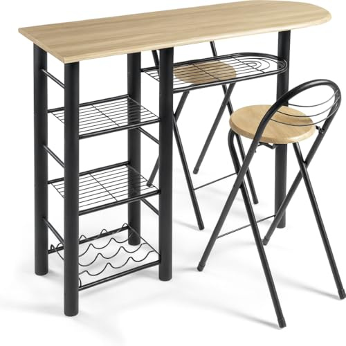 DUPI Conjunto de Mesa de Cocina Bar | Moderna con 4 Estantes | Funcional para Almacenar | Práctica con Taburetes Plegables | Tamaño 120 x 40 x 87 cm | Metal y Madera | Taupe/Negro,