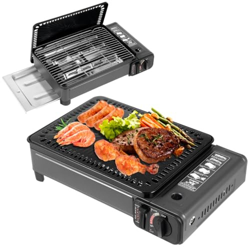 Gril à Gaz Portable au Butane Gril de Table Gril BBQ Coréen pour la Cuisine en Plein air le Camping la Cuisson à la Friteuse avec Étui de Transport le Gril en Acier Inoxydable