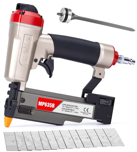 meite MP635B Druckluft Stiftnagler mit 10000 Stück 23 Ga 25 mm Kopflose Stifte, Kompakte für 12–35 mm Länge, Druckluft-Nagelpistole Kompakte für Zierleisten, Bilderrahmen und Feine Holzarbeiten