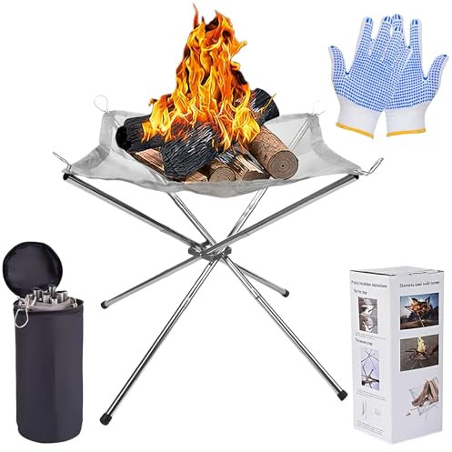 Portable Fire Pit for Camping, Foldable Stainless Steel Mesh Fire Pit with Carrier Bag and Heat Resistant Gloves, Camper Van Accessories Perfect for For Outdoor Camping, BBQ, Patio and Garden